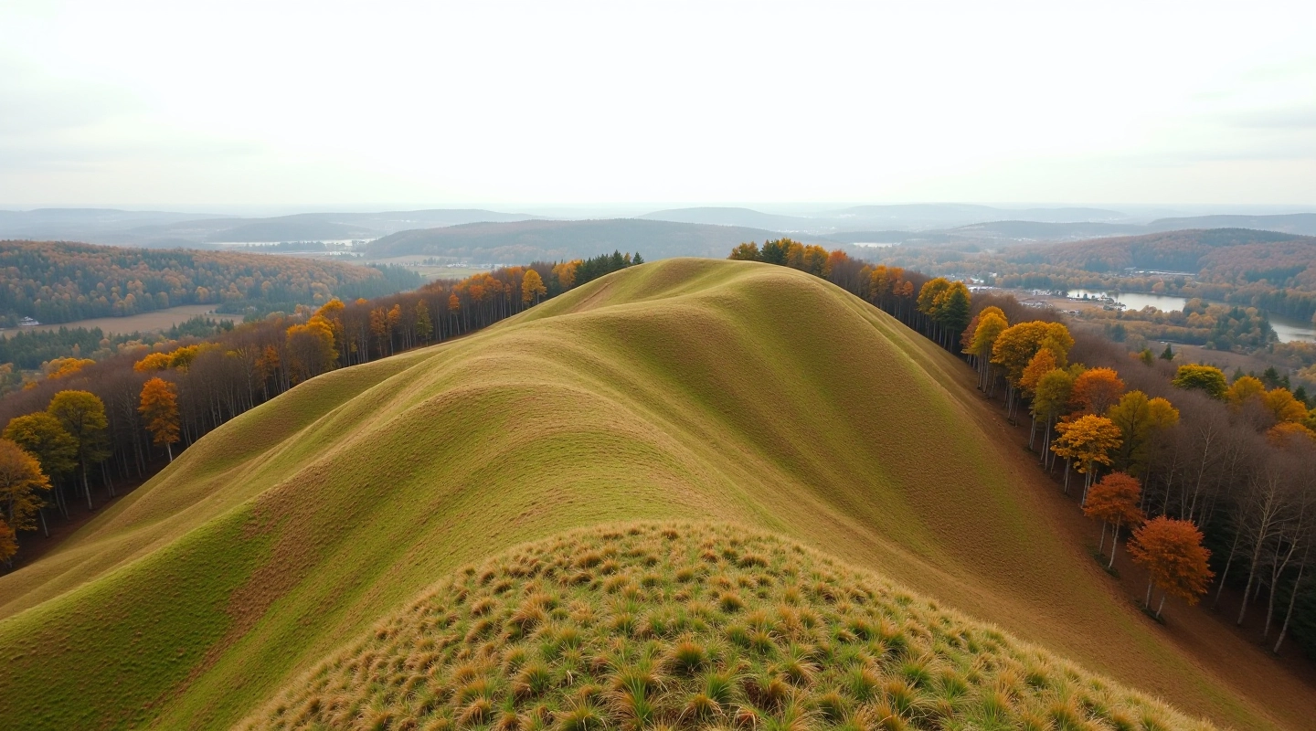 Panoramic view of hilltop fortress mounds with autumn forest landscape