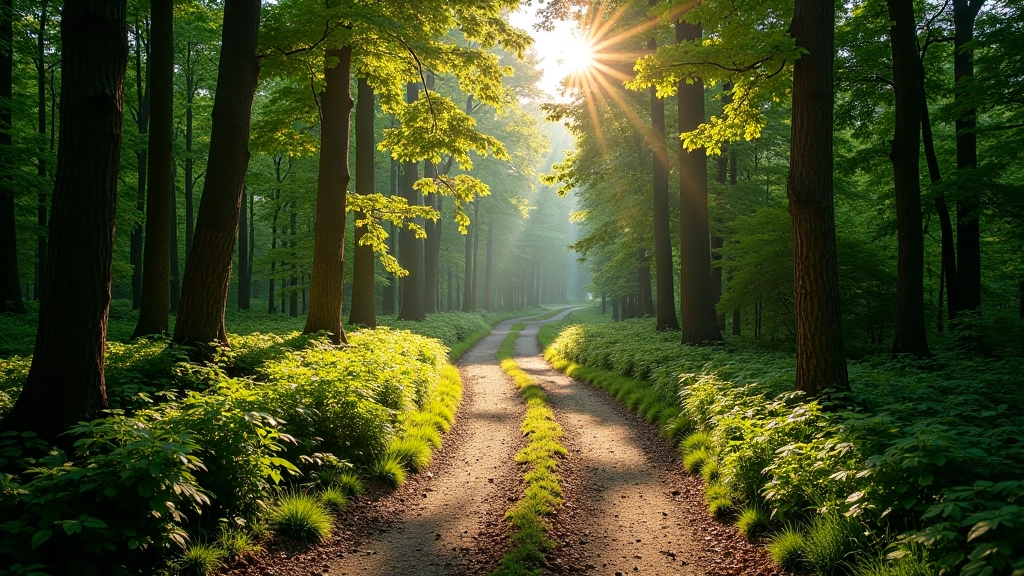 Forest trail entrance with clear marked path, sunlight filtering through trees, accessible trailhead