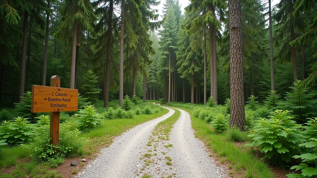 Forest trail entrance with wooden signpost, gravel path leading into dense mixed woodland canopy