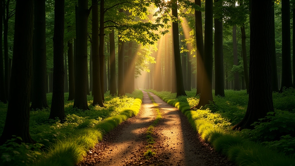 Walking path through shaded forest with dappled sunlight filtering through tall trees
