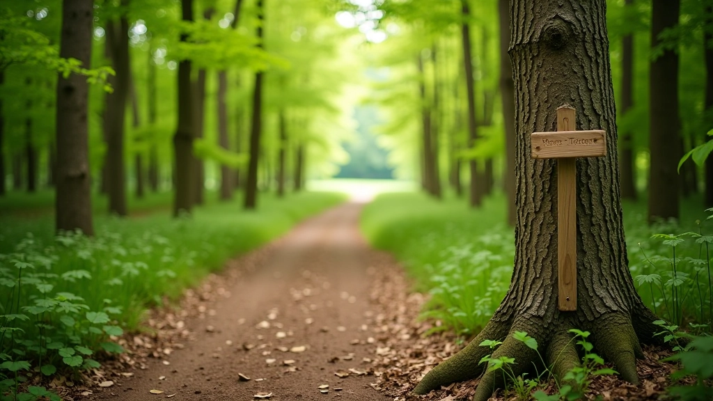 Gentle downhill forest path with natural mulch ground cover, forest edge gradually opening, trail markers visible on tree