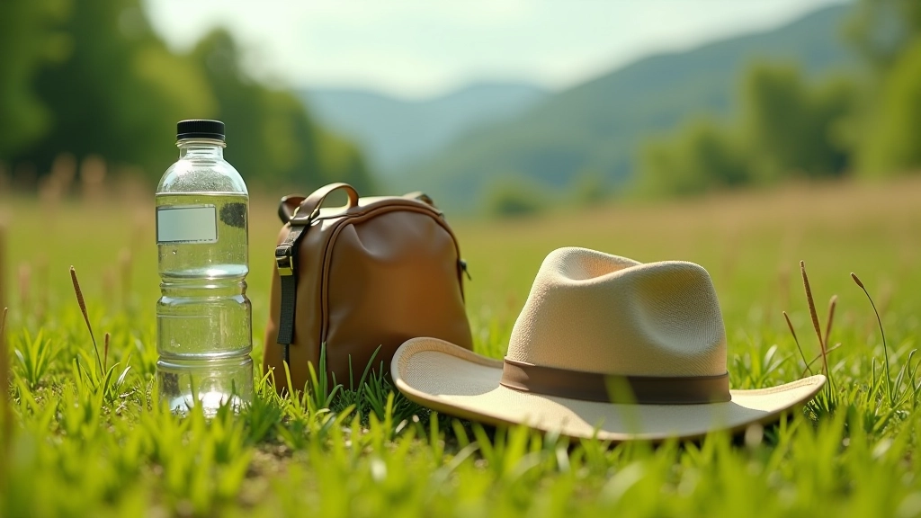 Outdoor essentials laid out: water bottle, sun hat, walking boots, and map on grass