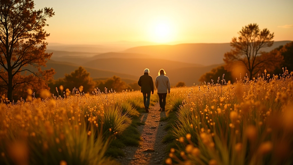Same meadow path shown with golden autumn light and sparse remaining flowers
