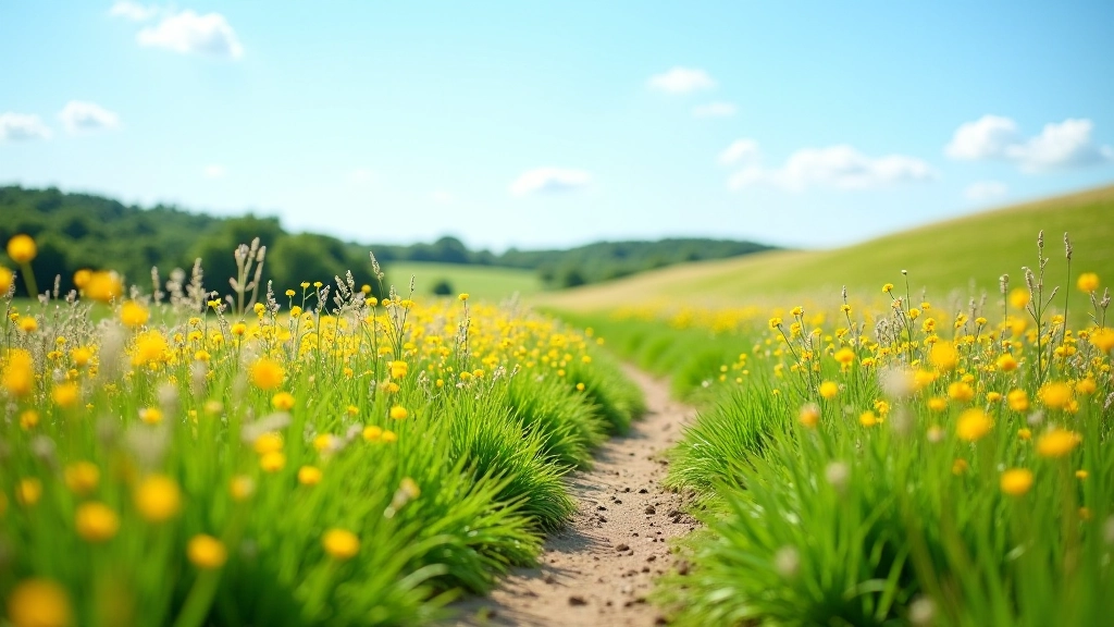 Wide meadow path with yellow and purple wildflowers on both sides during summer