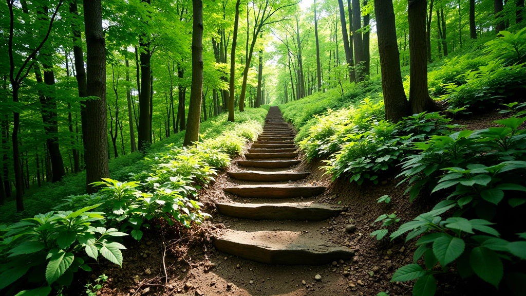 Moderate uphill forest section with natural stone steps, green vegetation on both sides, dappled sunlight through canopy
