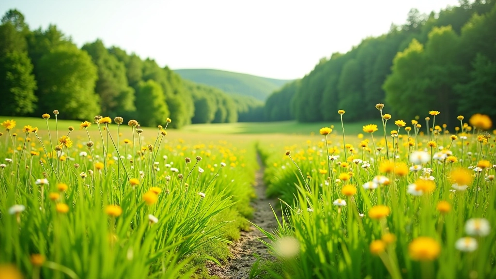 Wildflower meadow in valley with walking path and distant tree line