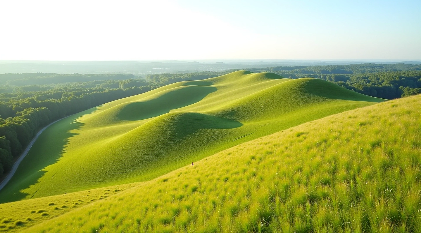 Elevated grassy hilltop with ancient earthwork mounds and distant forest horizon
