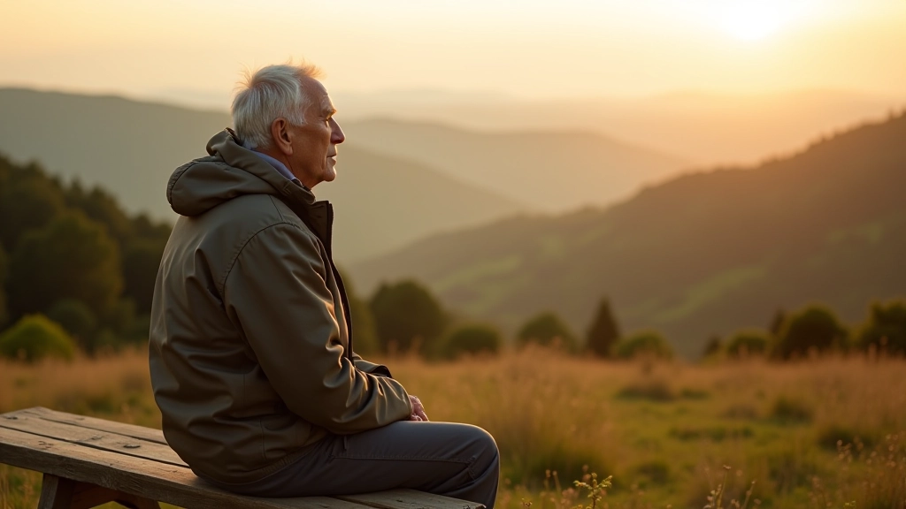 Person sitting on bench at viewpoint, looking out over valley landscape during golden hour