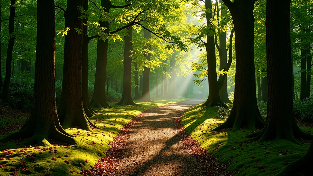 Forest path with dappled sunlight filtering through dense tree canopy