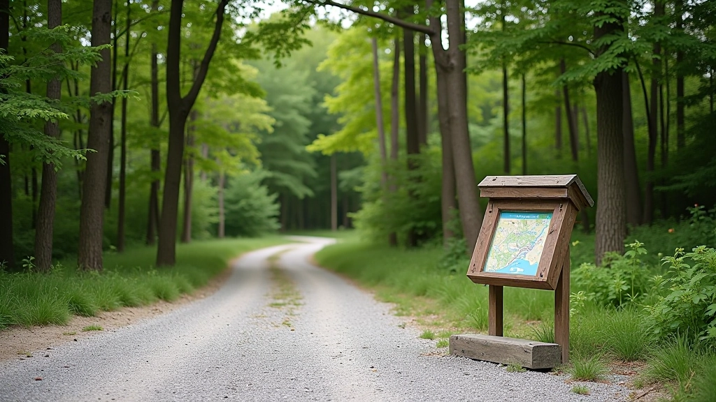 Forest trail parking area with signage, informational board, empty gravel parking spaces, forest backdrop