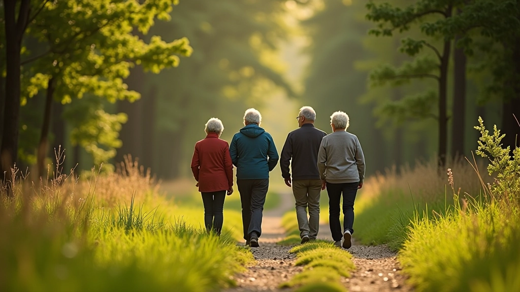 Group walking on forest trail
