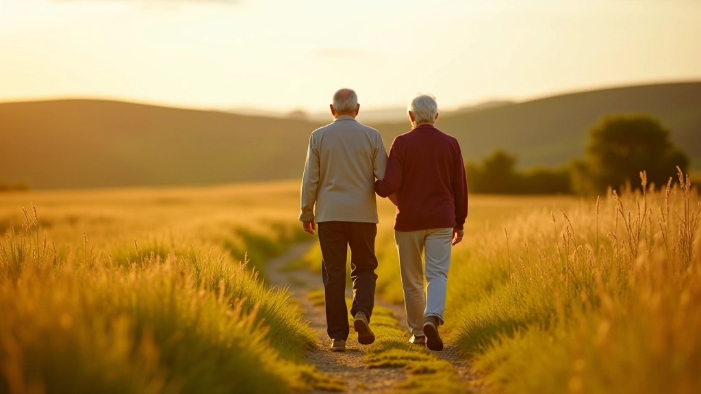 Senior walkers enjoying peaceful meadow walk with open landscape and clear sky