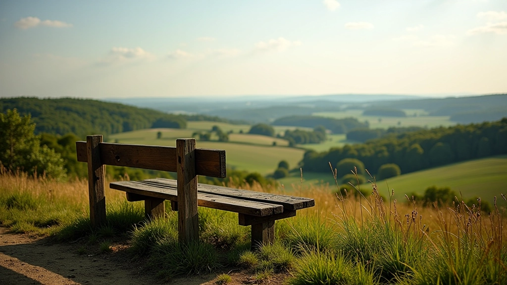 Wooden bench positioned at viewpoint overlooking expansive valley landscape with meadows and distant forests