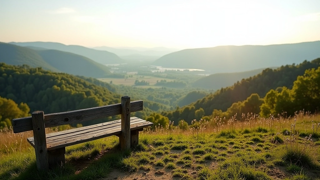 Wooden bench on hillside viewpoint overlooking valley landscape