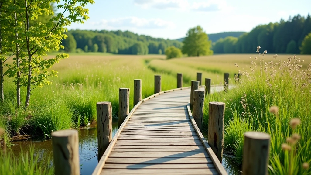 Wooden bridge entrance to meadow path with grass fields visible beyond