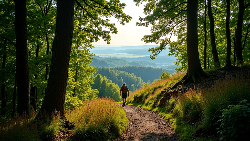 Forest ridge section with filtered sunlight creating shadows on path, distant valley view through tree gap, autumn colored foliage